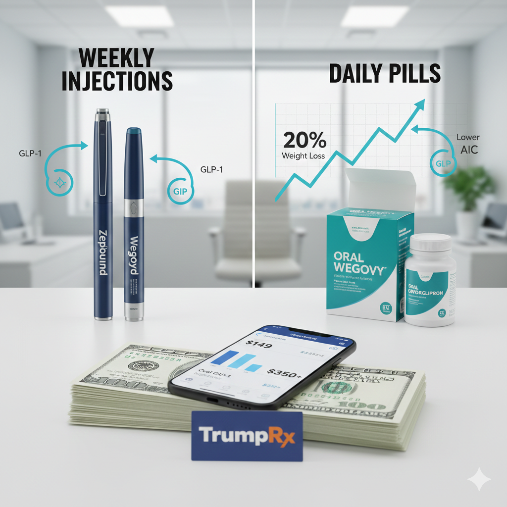 Scientific diagram of how GLP-1 targets the brain and stomach for satiety