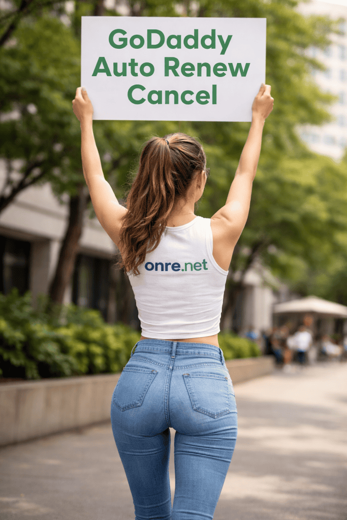 A woman holding a sign that says “GoDaddy Auto Renew Cancel” while wearing an onre.net tank top