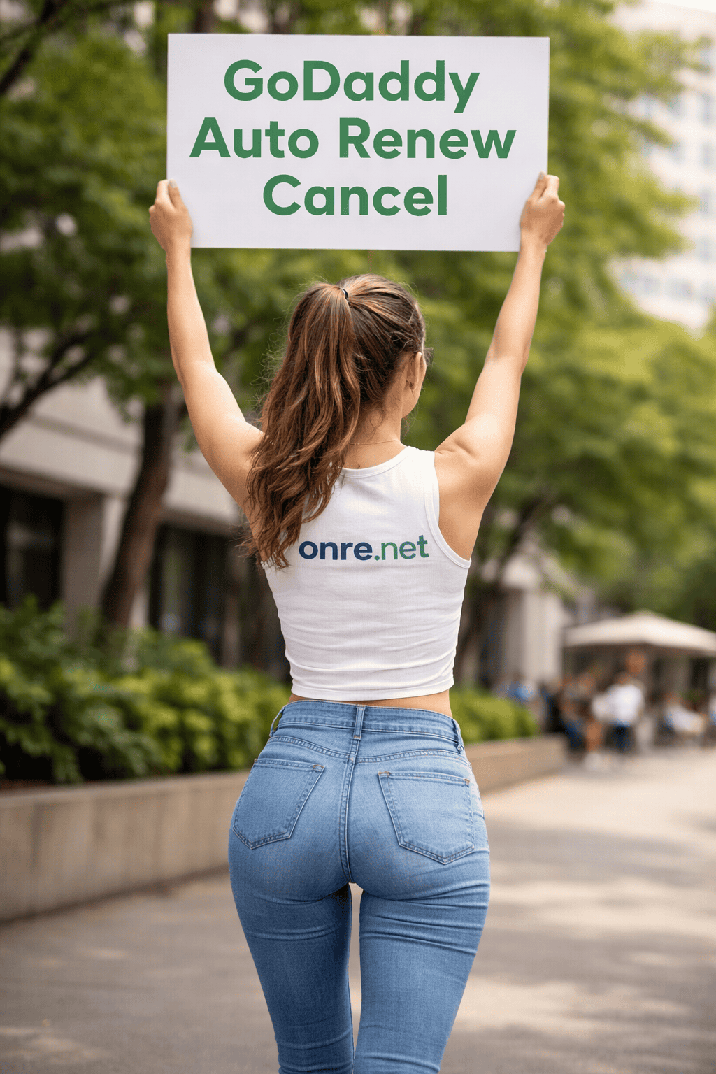 A woman holding a sign that says “GoDaddy Auto Renew Cancel” while wearing an onre.net tank top