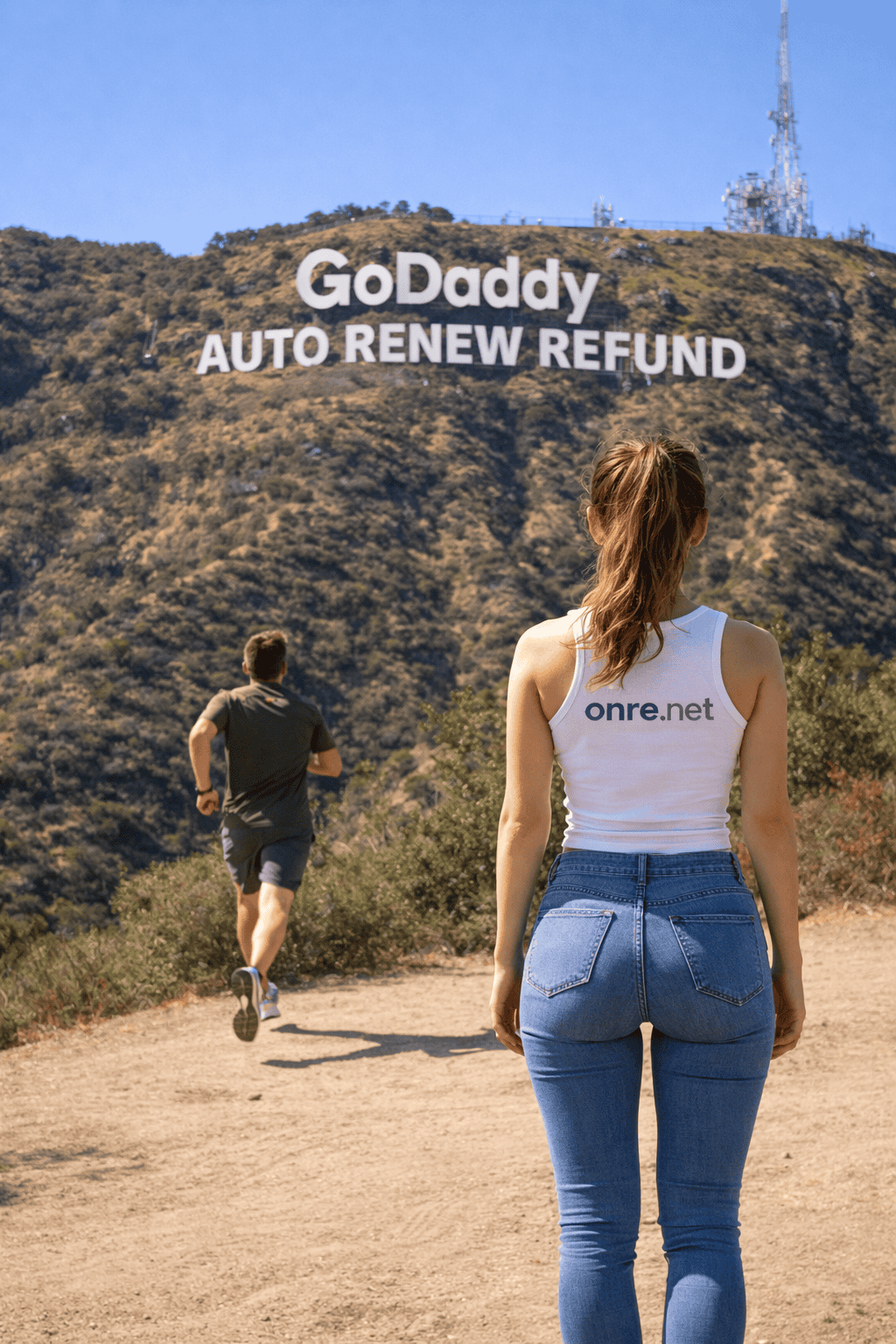 A woman wearing an onre.net tank top looks toward a Mount Lee sign reading “GoDaddy Auto Renew Refund” while a man runs uphill in the background