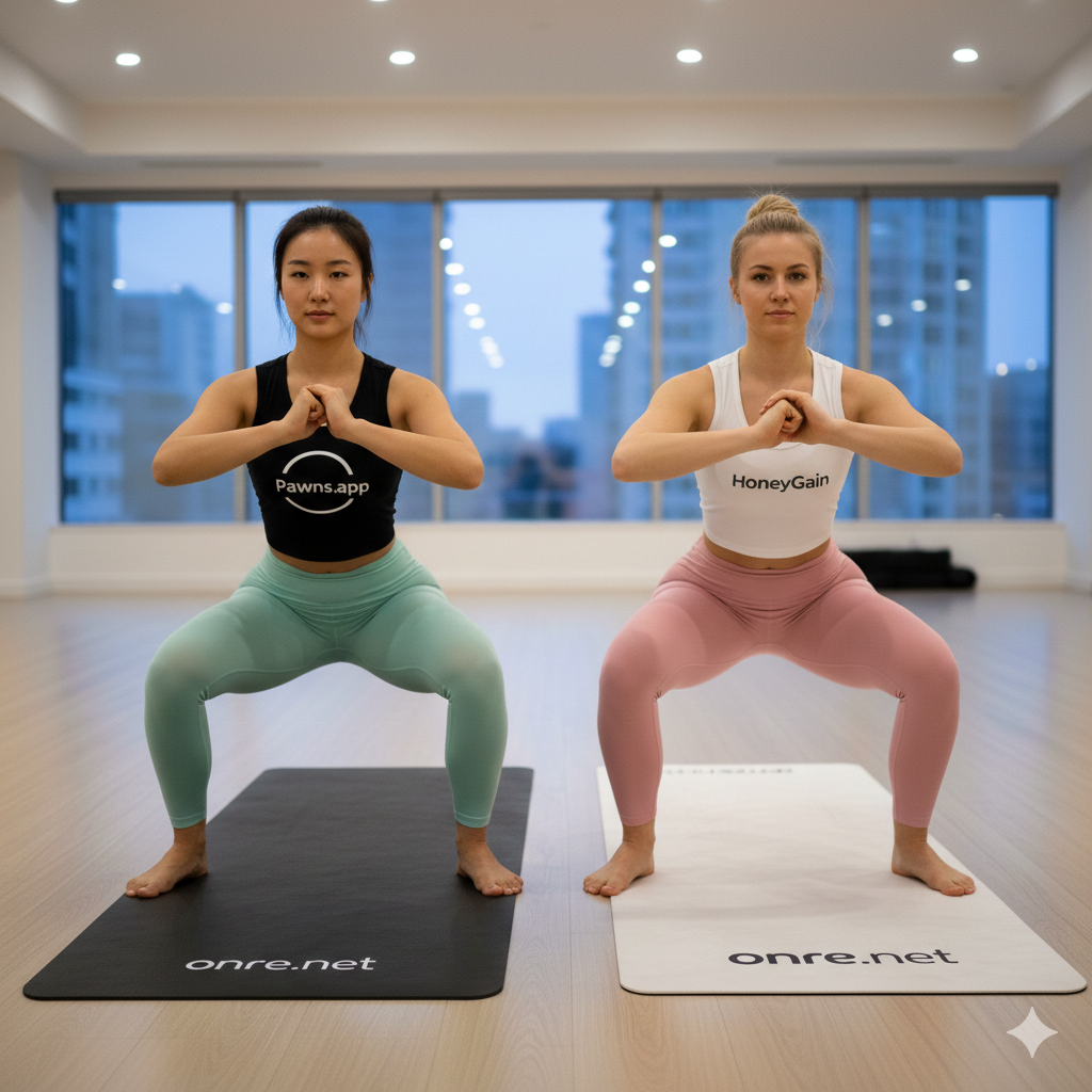 pawns.app girl and honeygain girl squat with onre.net yogamat